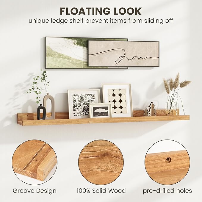 Fun Memories Picture Ledge Shelf, 36 Inch Floating Shelves for Wall, Nursery Bookshelf for Storage, Rustic Elm Wood Photo Ledge Shelves for Bedroom, Living Room, Kitchen (Natural, 36in Set of 2)