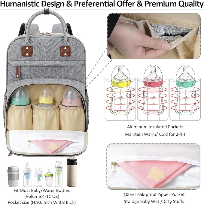 Diaper Bag Backpack Tote with Insulated Pockets for Men Baby Boys Girls Newborn Unisex Tactical Large Capacity, Multifunctional Waterproof Grey