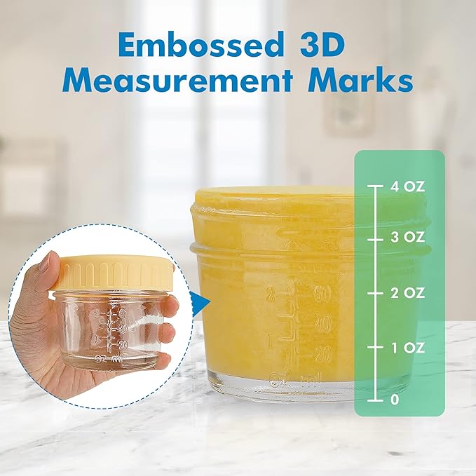 WILLDAN Glass Baby Food Storage Jars w/Lids (4 oz, 24 Pack Set) Snack, Puree, Reusable Small Containers, Breast Milk, Fridge or Freezer, Microwave & Dishwasher Safe, Essential Must Have for Infants