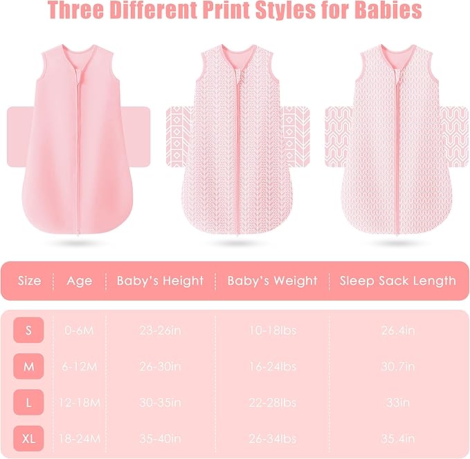 SWEET DOLPHIN Baby Sleep Sack 0-6 Months - 100% Cotton 2-Way Zipper TOG 0.5 Infant Wearable Blanket, Newborn Essentials Toddler 3 Pack Sleeping Sacks - Pink
