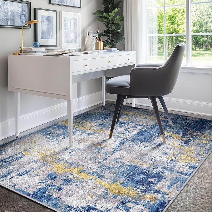 Washable Area Rugs 6'x9' Non-Slip Modern Abstract Soft for Living Room Entryway Bedroom Nursery, Print Pattern, Grey Blue Gold/Golden