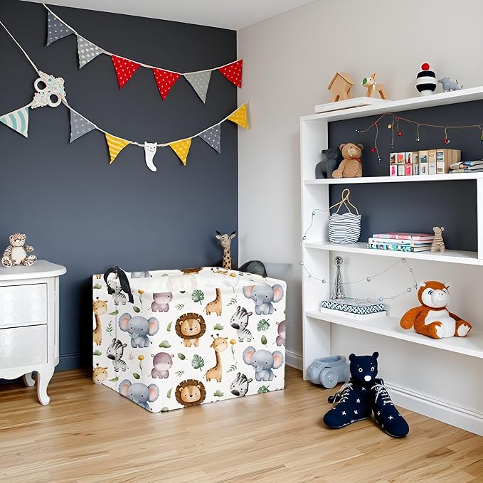 HIYAGON Rectangular Woodland Animal Basket Baby Storage Basket Storage Bin Organizer Box Animal Room Decor(Animal Basket)