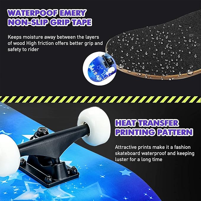 Skateboard,31 x 8 Inch Complete Skateboard, 8-Layer Maple Wood Deck Double Kick Standard Skateboards for Kids, Teens, Adult, Beginner