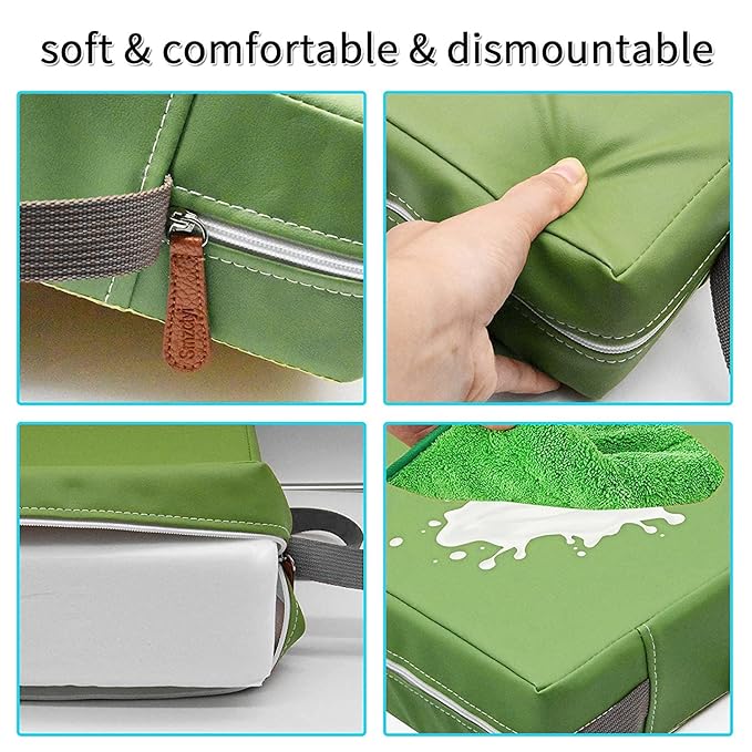 Toddler Booster Seat for Dining Table, PU Washable Double Safe Straps Non-Slip Bottom Booster Seat Dining Toddler, Portable Travel Increasing Cushion (Light Green)