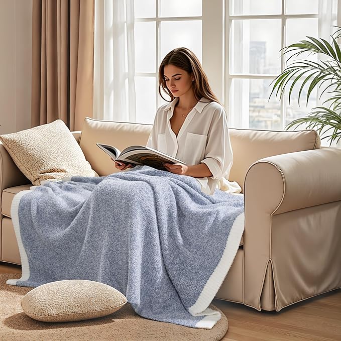 NEXHOME PRO Super Soft Throw Blankets for Couch, Twin Size Cozy Blankets Reversible Knit Blanket for Women, Fuzzy Plush Lightweight Throws for Sofa, Bed, Picnic, Heather Blue White, 60 x 80 inches