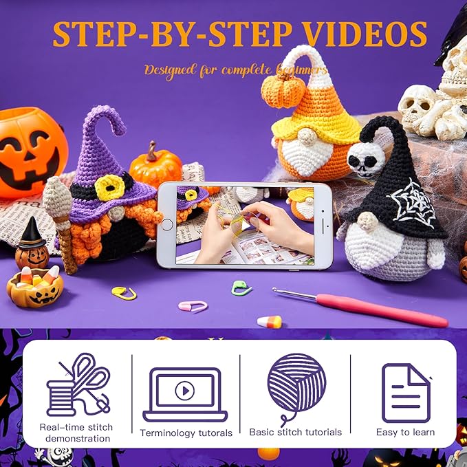 MAGIMUSE Crochet Kit for Beginners Crochet Starter Kits for Halloween Amigurumi Knitting Crochet Animals Kits Hooks Yarn Set with Step-by-Step Video Tutorials, 3 Halloween Gnomes (40%+ Yarn)