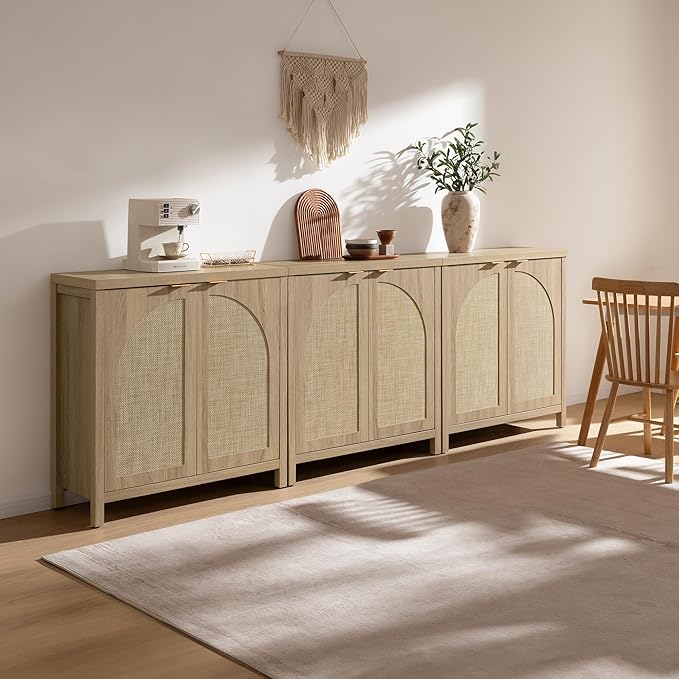 SICOTAS 102"W Rattan Sideboard Buffet Cabinet Set of 3, Mid Century Modern - Image 3