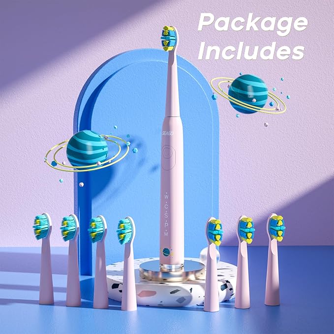 SEAGO Kids Electric Toothbrush, Rechargeable Sonic Soft Bristle Toothbrushes with 8 Brush Heads, DIY Stickers and 5 Modes, Ideal for Kids and Children, Ages 3–12,SG2303(Pink)
