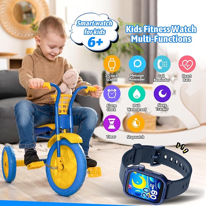 Smart Watch for Kids No Phone Needed, Tempered Glass Fitness Tracker Boy Teens with 19 Sport Modes, Pedometer, Sleep Monitor, Kids Watch Birthday Gifts Toy Gift for Girls Boys 6-16 (Blue)