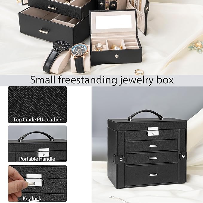 AKOZLIN 4-Tier Jewelry Box Lockable Leather Jewelry Storage Case Organizer with 3 Drawers for Women Girls Ring Necklace Earring Bracelet Watches Holder with Mirror
