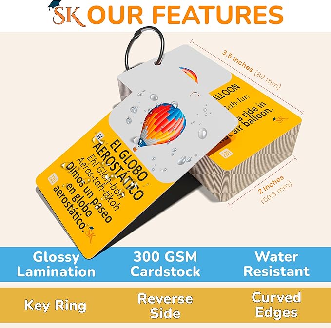 300 Vocabulary Flashcards | Double Sided English-Spanish Bilingual Flashcards for Adults & Kids Ages 12+ | Portable Noun Flash Cards to Learn Spanish for Adult Beginners