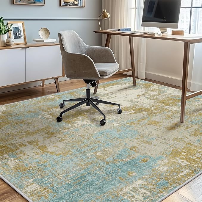 Washable Area Rugs 9'x12' Non-Slip Modern Abstract Soft for Living Room Entryway Bedroom Nursery, Print Pattern, Teal Blue Taupe