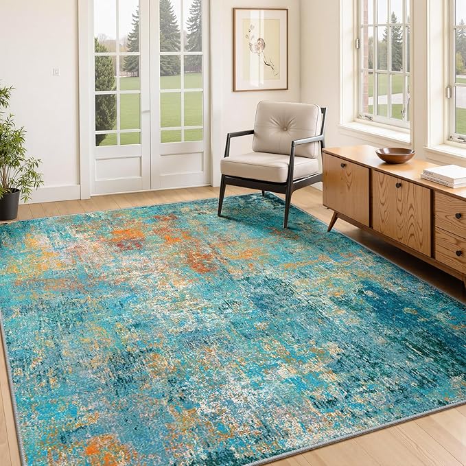 Washable Area Rugs 4'x6' Non-Slip Modern Abstract Soft for Living Room Entryway Bedroom Nursery, Print Pattern, Teal Blue Green Orange Rust Red Colorful