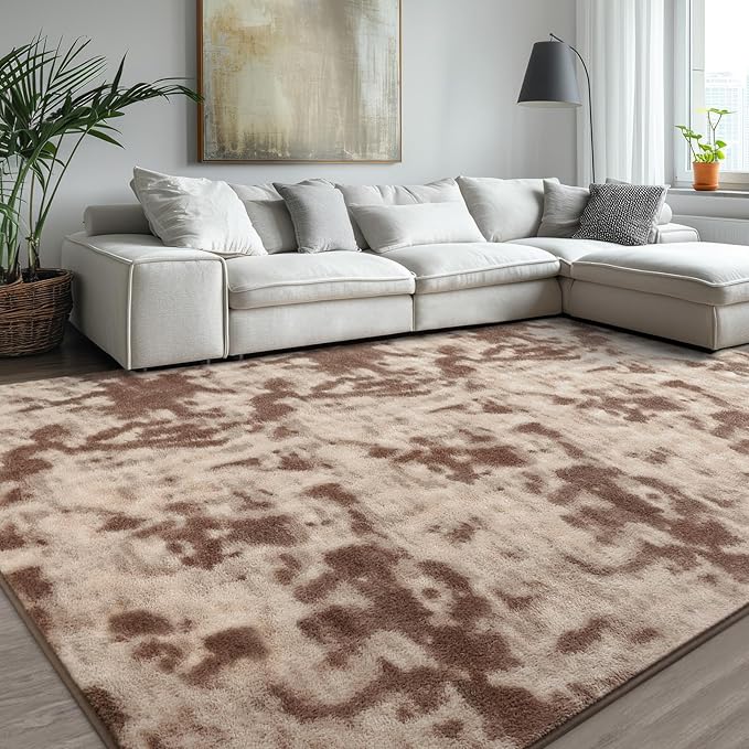 Kimicole 7x10 Washable Area Rugs for Living Room Bedroom, Large Low Pile Ulta-Thin Solid Color Rug, Non-Slip Soft Fluffy Carpet for Nursery Kids Room Dorm Room Home Decor (Brown)