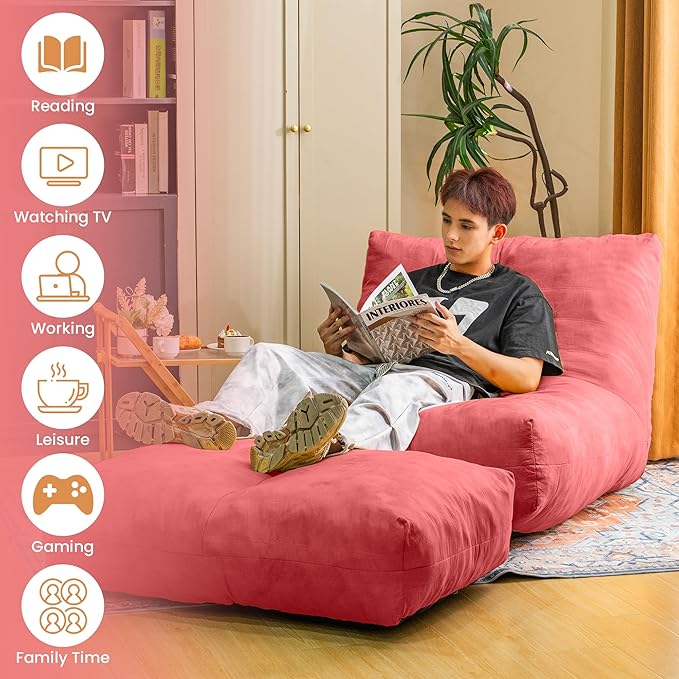 Bean Bag Chair with Ottoman, Comfy Bean Bag Sofa with Memory Foam, Lazy BeanBag Sofa with Footstool, Fireside Bean Bag Couch for Living Room, Bedroom, Apartment