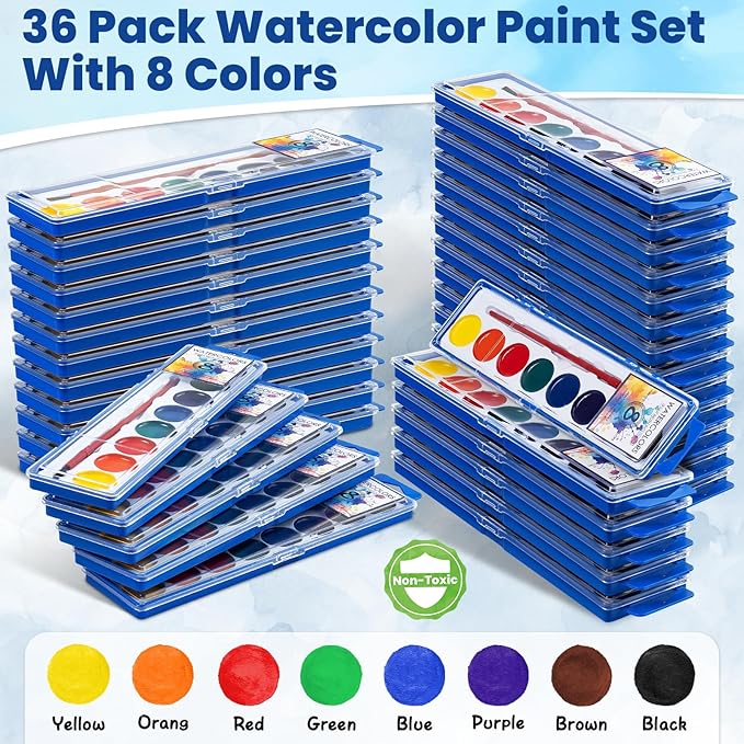 36 Pack Watercolor Paint Set Bulk,8 Colors Washable WaterColor Paint for Kids, Water Color Paint with Brushes, Ideal Gift for Party Favors, Art Supplies for School Classroom Home