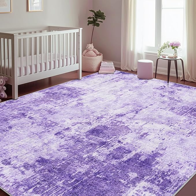 Washable Area Rugs 5'x7' Non-Slip Modern Abstract Soft for Living Room Entryway Bedroom Nursery, Print Pattern, Purple Gray Pink White