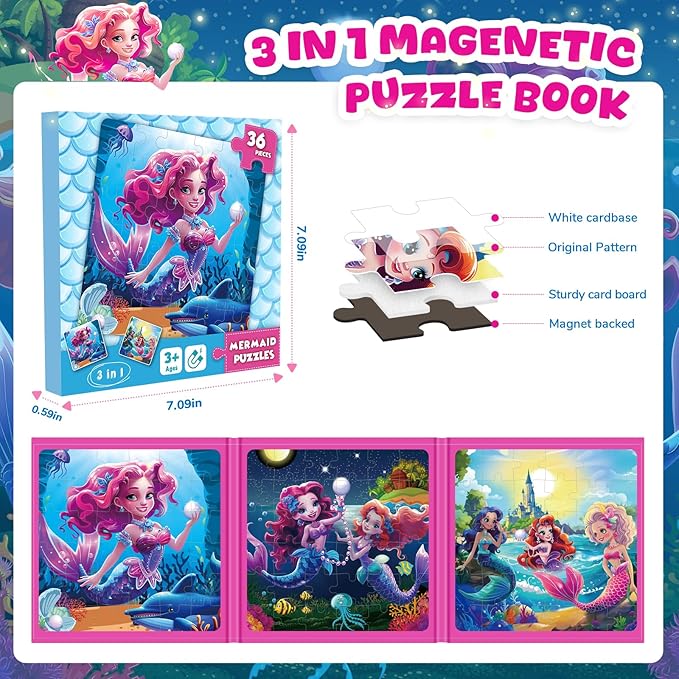 Magnetic Jigsaw Puzzles for Toddlers Kids 3-8 Girls,(3 36-Pieces) Travel Puzzles Toys for Kids Ages 4-6,Take-Along Car Airplane Road Trip Activities Game for 3 4 5 6 7 8 Year Old Birthday Gift,Mermaid