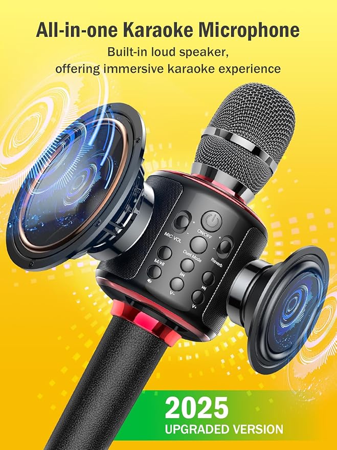 Wireless Bluetooth Karaoke Microphone, Built-in Loud Speaker for 10H Playback, Add Reverb/Duet Mode/Earbuds Monitoring, Portable Karaoke Machine for Entertainment & Singing Practice (Black&Red)