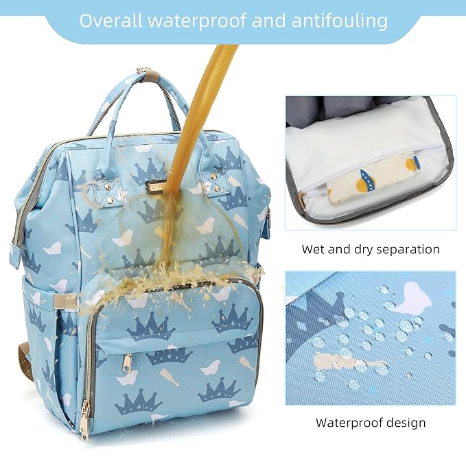 Diaper Bag Backpack, Diaper Bags for Baby Girls Boys, Baby Bags for Moms Dads, Nappy Changing Bag with Insulated Pockets,Multi-functional Waterproof Backpack with Stroller straps-Light blue crown