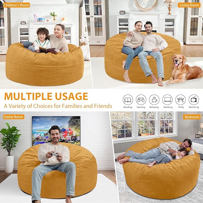 4FT Bean Bag Chair, Large Bean Bag Chairs with Memory Foam Filled, Fluffy Beanbag Sofa with Dutch Velvet Cover, Round BeanBag Chairs for Living Room, Playroom - Mustard