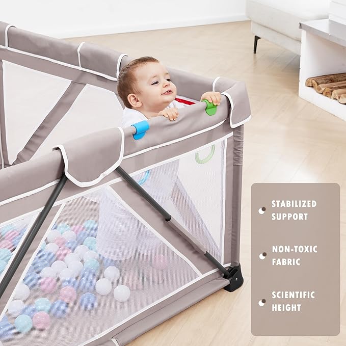 Baby Playpen Foldable, Playard for Babies and Toddlers, Portable Playpen Activity Center with 50 Balls+2 Handles for Travel, Indoor & Outdoor Play Pen with Mesh 50''x50''