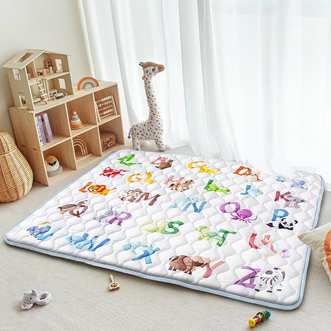 Baby Play Mats for Floor, 71”x59” Upgraded Thickness & Larger Super Soft Playmat for Babies and Toddlers, Foldable Washable, Upgrade Anti-Slip Crawling Mat for Playpen(Animal Alphabets)