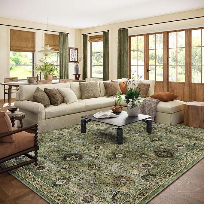 Washable Area Rugs for Living Room: 8x10 Rug Boho Vintage Rugs Stain Resistant Non Slip Low Pile Lightweight Soft Carpets for Bedroom Kitchen Dining Room Nursery Kids Room Farmhouse Home Office