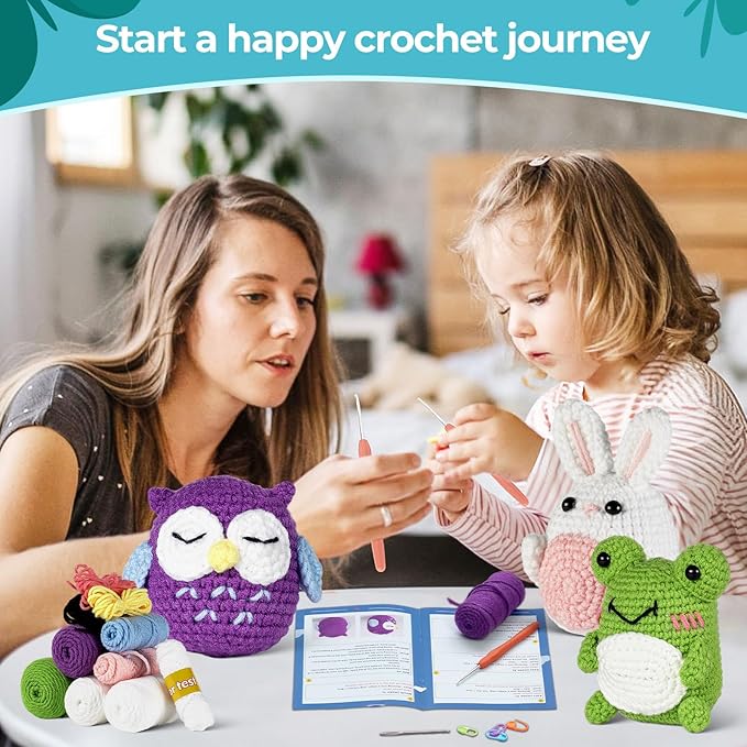 RoseFlower Crochet Kit for Beginners, Easy Crochets Starter Kits with Step-by-Step Video Tutorials, DIY Craft Knitting Crochet Animals Set for Kids Adult - 3 Pack Frog Owl Rabbit