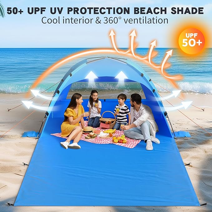 Beach Tent Sun Shelter with Extended Sand Mat 114×82inch，UPF 50+ Protection, 3 Double-Layer Windows for Enhanced Privacy; Portable Beach Shade, 3-4 People. Windproof and Waterproof