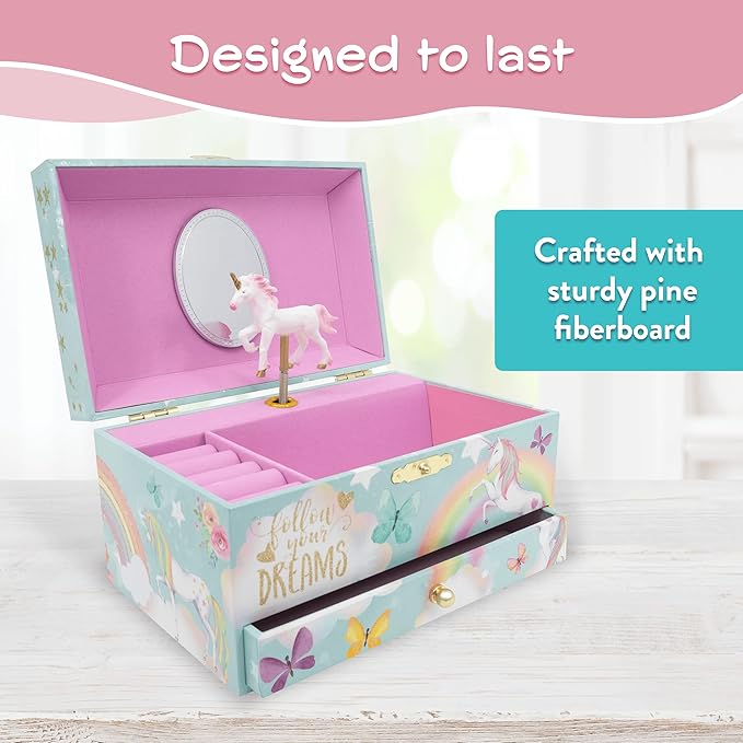 The Memory Building Company Unicorn Musical Jewelry Box, Classic Melody Storage Organizer Kids Ages 6-12, Wood Construction w/ 2 Compartments