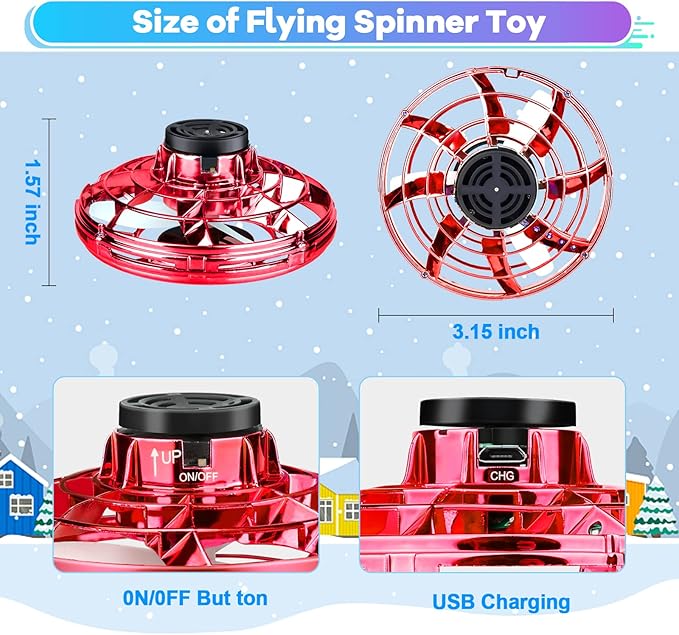 Hand Operated Mini Drone for Kids - LED UFO Flying Orb Ball, Rechargeable Mini Fidget Spinner Toy for Indoor Outdoor,Christmas Birthday Party Gifts for Girls Boys(Red)