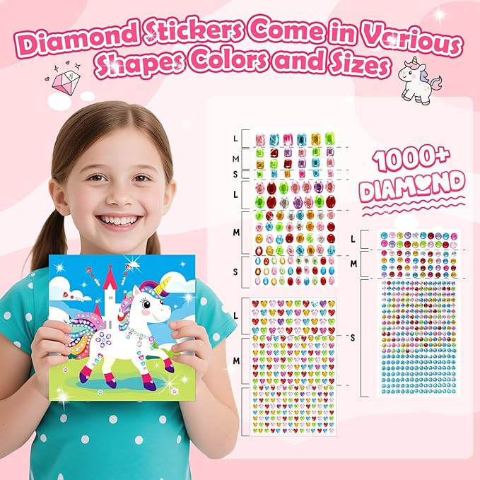 Gem Art Sticker Kit, Arts and Crafts for Kids Age 4-12, 8 Unicorn Princess Themes Diamond Art Kit, Gemstone Sticker Crafts Christmas Birthday Gifts for Girls Ages 4,5,6,7,8 Year Old (Pink-Unicorn)