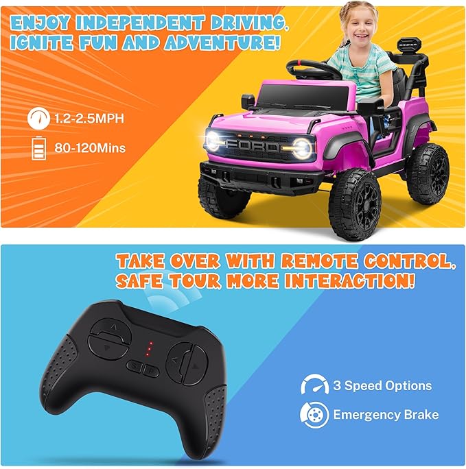 ENYOPRO 12V Ford Bronco Raptor Ride On Car for Kids, Electric Power Car Ride-On Toy for Toddlers w/Remote Control, 4 Wheels Spring Suspension, Bluetooth Music, Radio, LED Lights, 2 Speed (Pink)