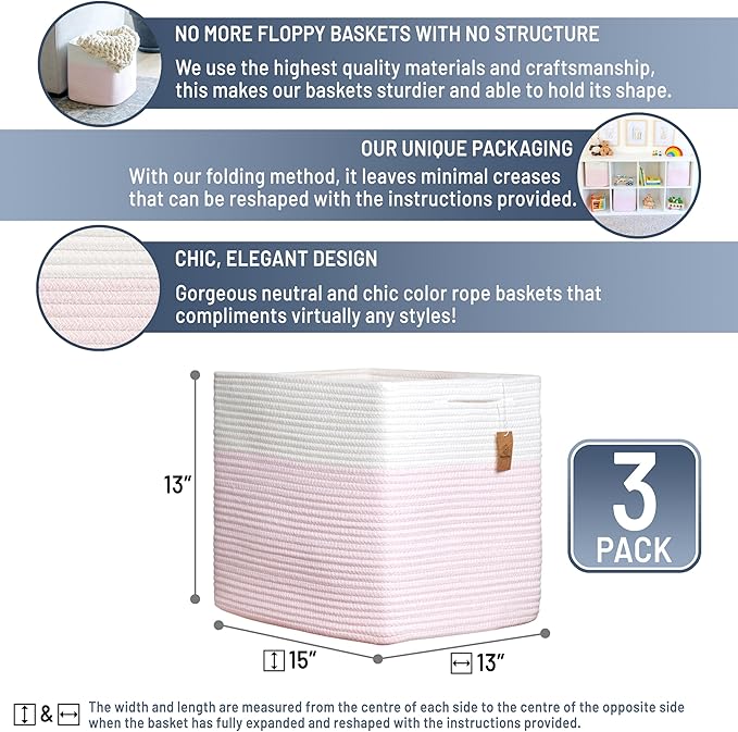NaturalCozy 13x15x13 Kallax Storage Cubes, 3 Pack | Cotton Rope Cube Storage Bins Woven Baskets for Organizing | Kallax Insert Baskets for Shelves Organizer, Kids Toy, Pantry, Closet, Baby Nursery