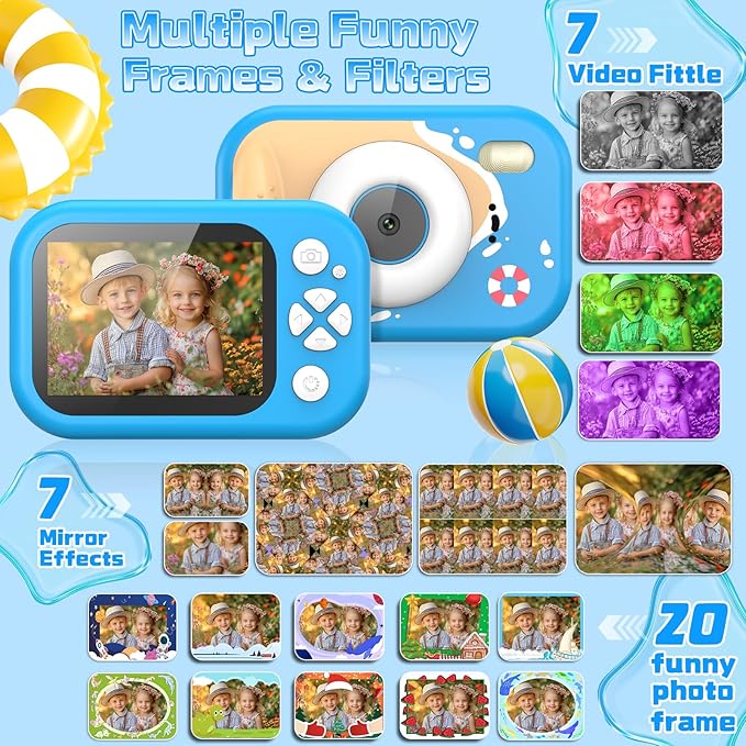 Kids Camera Waterproof, IP68 Underwater Camera for Kids Aged 3-12, HD Kids Digital Camera with 1080P Video Recording, Durable ABS Material, Pool Toys for Boys Girls with 32GB Card(Blue)