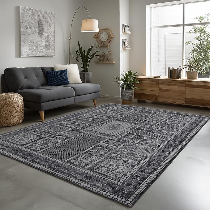 Washable Area Rugs 8x10, Large Rugs for Living Room, Carpet for Bedroom, Soft Faux Wool Retro Dining Room Rug, Non-Slip Backing Resistant Low Pile Vintage Print Rug for Home Office (Grey)