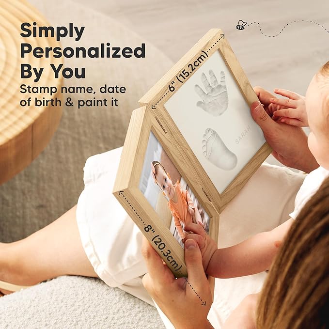 Personalized Baby Hand and Footprint Kit, Quick Dry Clay - Newborn Keepsake Feet and Handprint Kit, Nursery Picture Frame,New Mom Gifts for Baby Showers & Registry(Ash Wood)