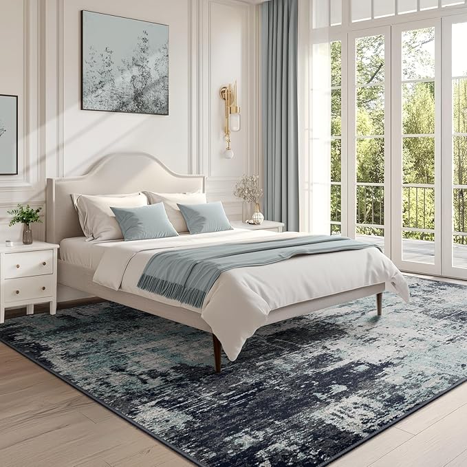 Washable Area Rugs 6'x9' Non-Slip Modern Abstract Soft for Living Room Entryway Bedroom Nursery, Print Pattern, Blue Black Teal