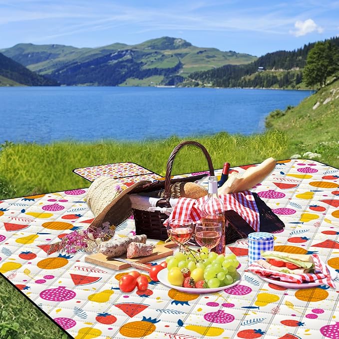 Poedist Extra Large Picnic Blanket Waterproof,80"x 80"Foldable Machine Washable Beach Blanket,Outdoor Blanket for 6-8 Adults,Suitable for Indoor Crawling,Park Beach,Camping,Hiking,Family Travel(Fruit