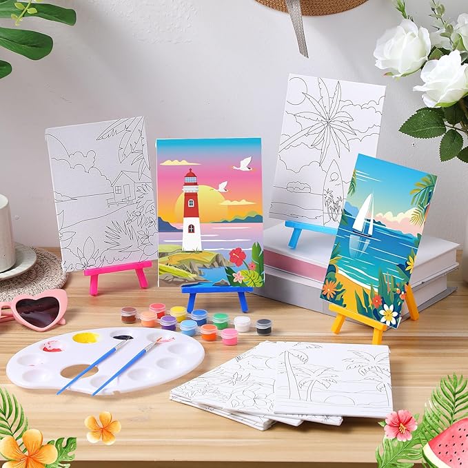 Blosssound 10 Set Pre Printed Canvas Pre Drawn Canvas Painting with Easel Kits 5" x 7" Outline Painting Panels for Beginners, DIY Craft Project, Party Favor, Home Decors(Landscape)