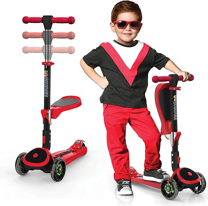 SKIDEE Kick Scooters for Kids Ages 3-5, Adjustable Height Foldable Scooter with Removable Seat, 3 LED Light Wheels, Rear Brake, Wide Standing Board, Suitable Up to 12 Year Old Boys/Girls