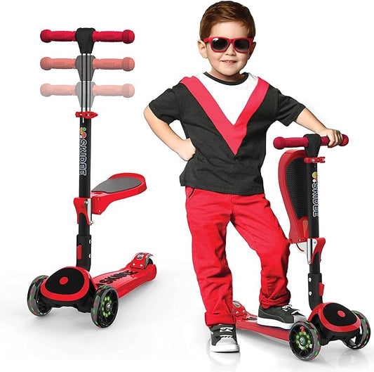 SKIDEE Kick Scooters for Kids Ages 3-5, Adjustable Height Foldable Scooter with Removable Seat, 3 LED Light Wheels, Rear Brake, Wide Standing Board, Suitable Up to 12 Year Old Boys/Girls