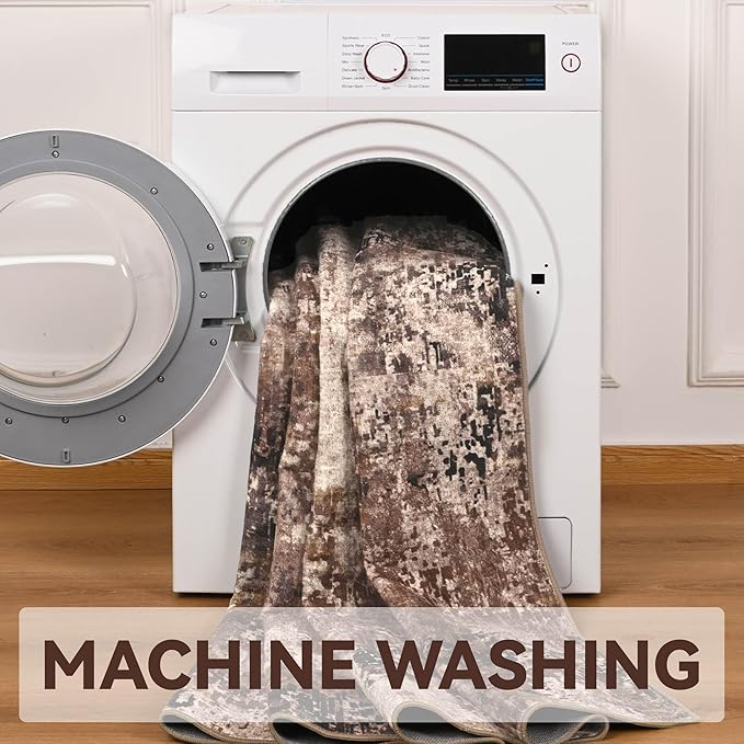 Living Room Rugs 5x7 Brown Washable Area Rug, Abstract Modern Bedroom Rugs Coffee Non Slip Stain Resistant Neutral Large Carpet for Nursery, Dining, Kids Playroom, Dining Room, Office