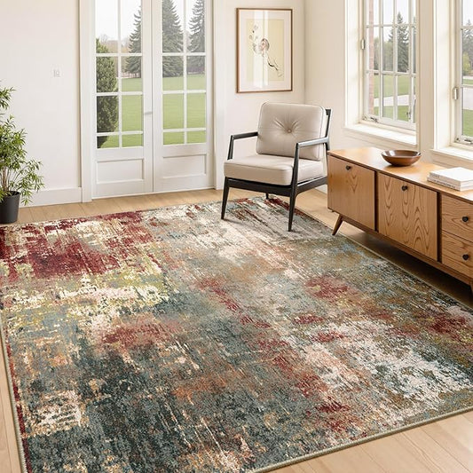 Washable Area Rugs 4'x6' Non-Slip Modern Abstract Soft for Living Room Entryway Bedroom Nursery, Print Pattern, Brown Rust Red Multi