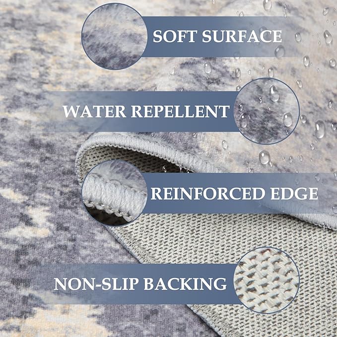 Washable Area Rugs 2'x8' Non-Slip Modern Abstract Soft for Living Room Entryway Bedroom Nursery, Print Pattern, Purple Grey Cream Yellow