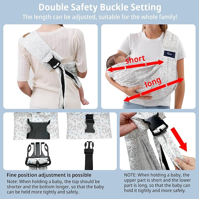 CUBY Wrap Baby Sling Carrier, Baby Wraps Sling Carrier Adjustable Breathable Lightweight Easy to Wearing - Baby Slings for Newborn Infant Toddler Front & Hip Carry Up to 40lbs (Blue Flower)