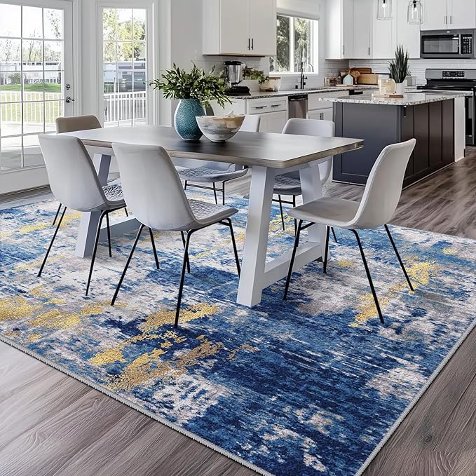 Washable Area Rugs 9'x12' Non-Slip Modern Abstract Soft for Living Room Entryway Bedroom Nursery, Print Pattern, Grey Blue Gold/Golden