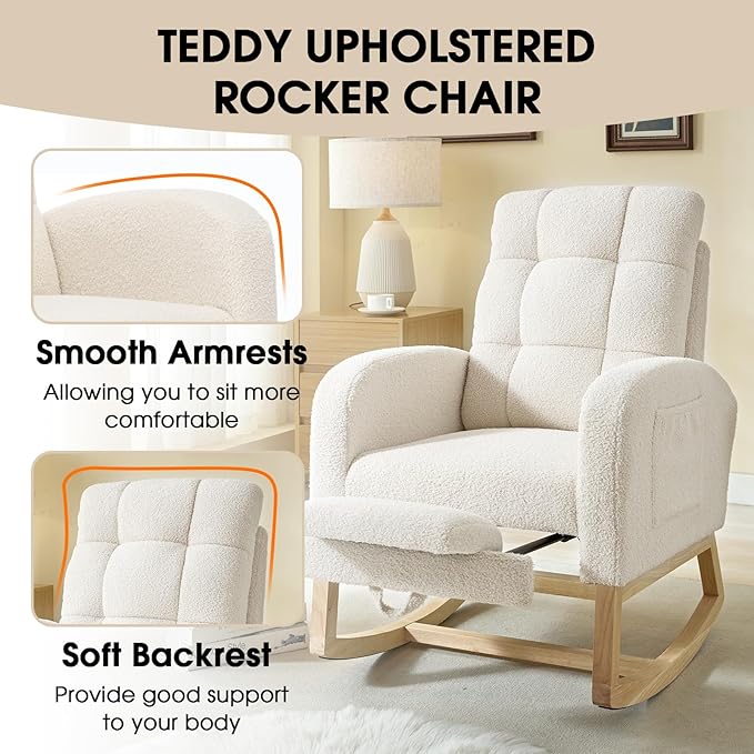 NIOIIKIT Modern Nursery Rocking Chair, Teddy Upholstered Rocking Chair with Footrest, Comfortable Rocker Chair with Side Pocket, Rocker Chair for Living Room, Bedroom, Nursing Room (White)