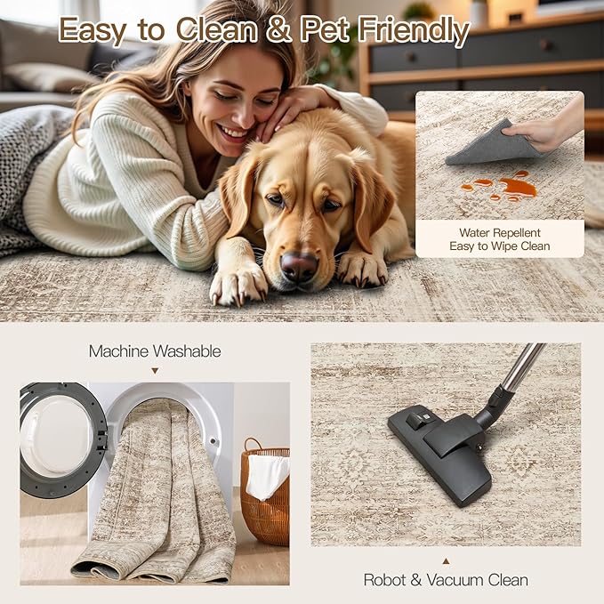 Lofus 8x10 Area Rug for Living Room,Beige Washable Large Rugs with Non-Slip Backing,Soft Neutral Carpets for Bedroom Dining Room Home Office Indoor Nursery